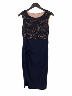 S.L. Fashions Navy Nude Floral Lace Ruched Cocktail Dress Size 4